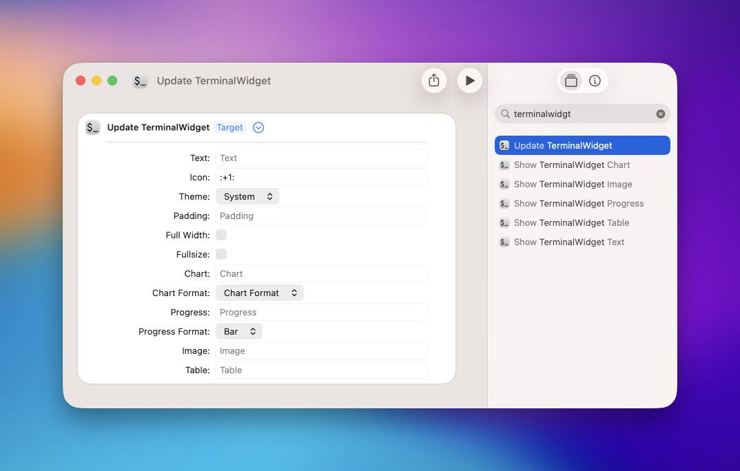 Shortcuts.app showing TerminalWidget actions and the Update TerminalWidget configuration options