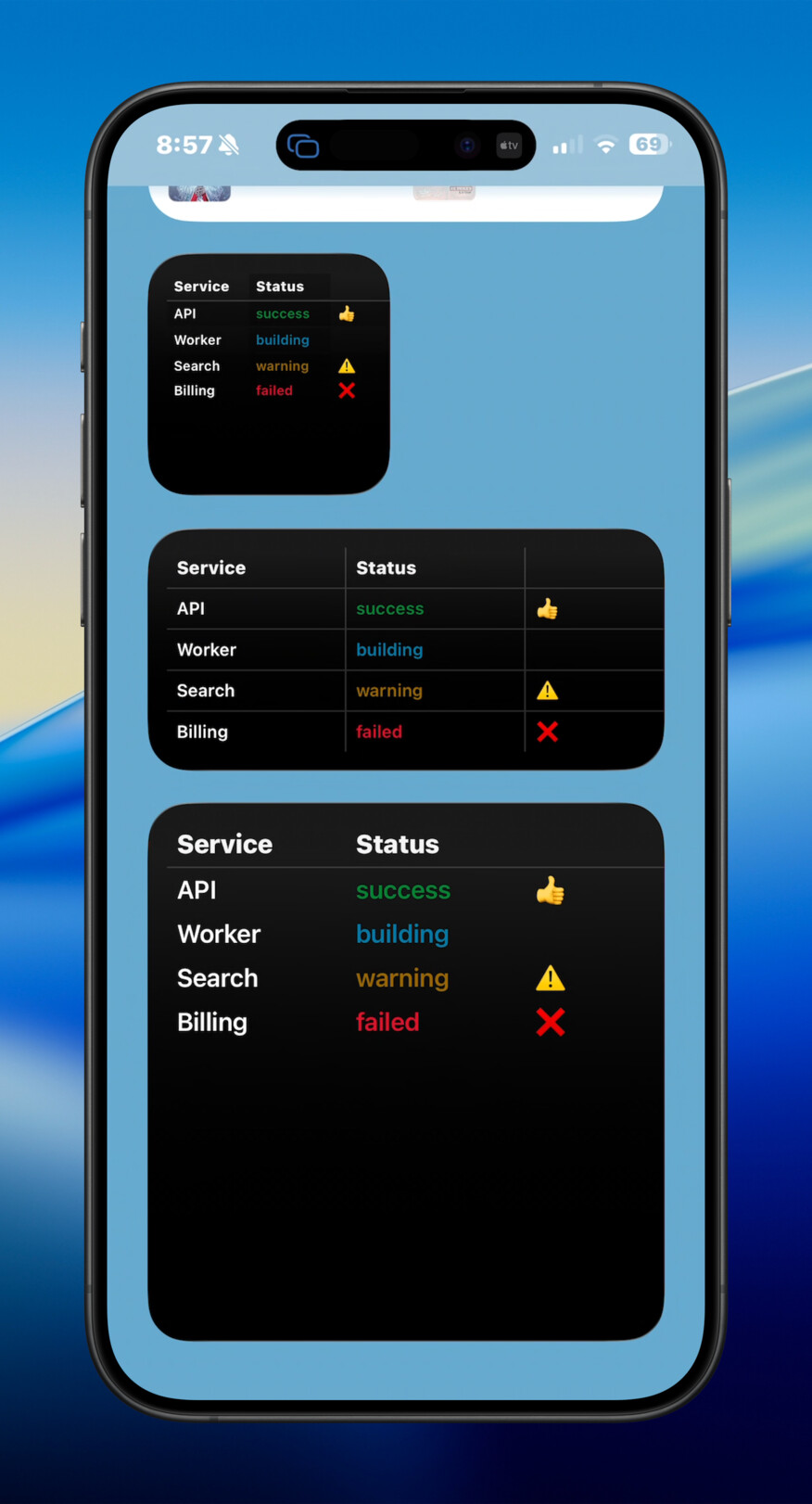 iPhone table grid modes widget screenshot